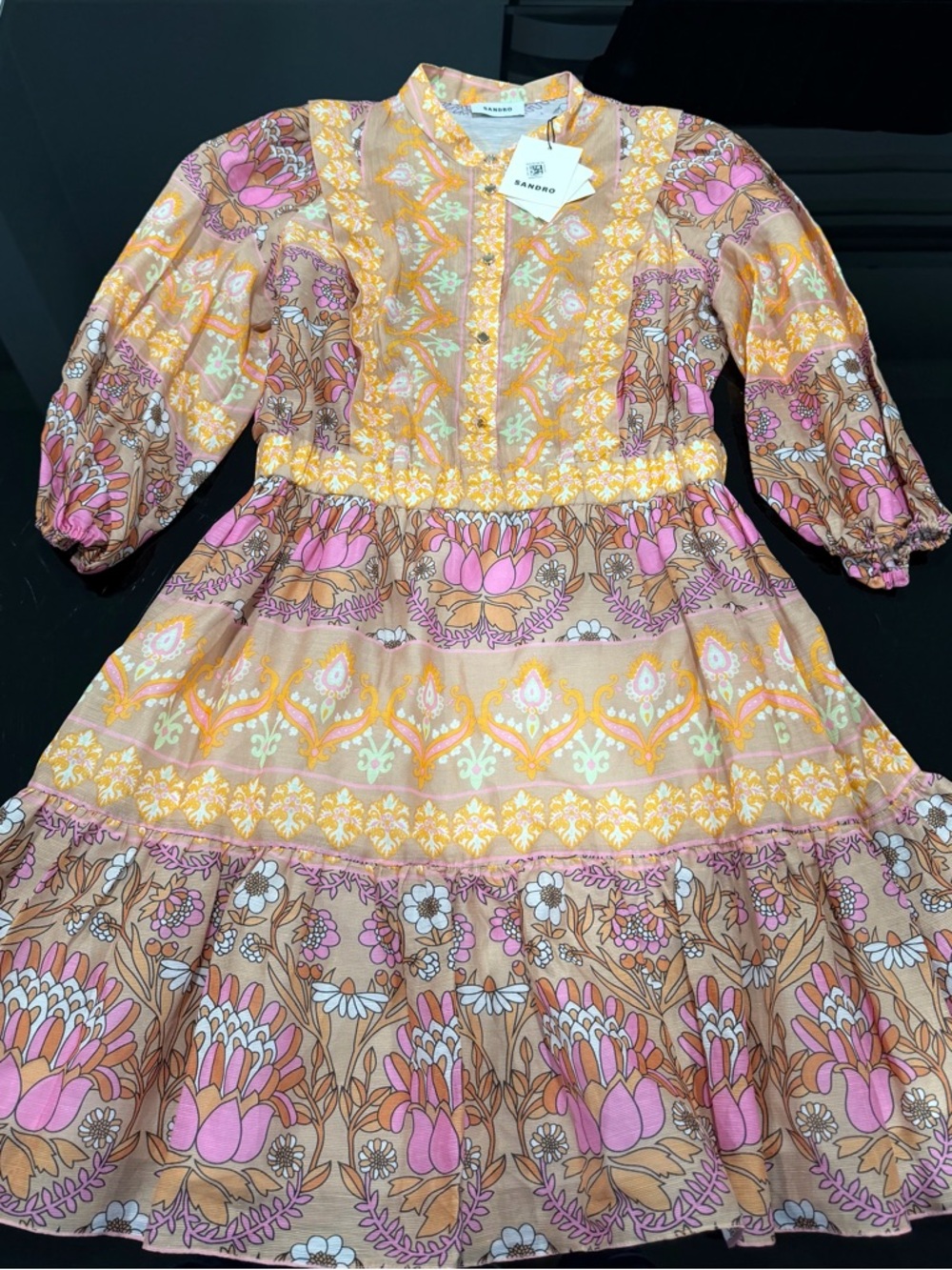 Sandro Pink, Yellow & Cream Floral Button-Front Midi Dress